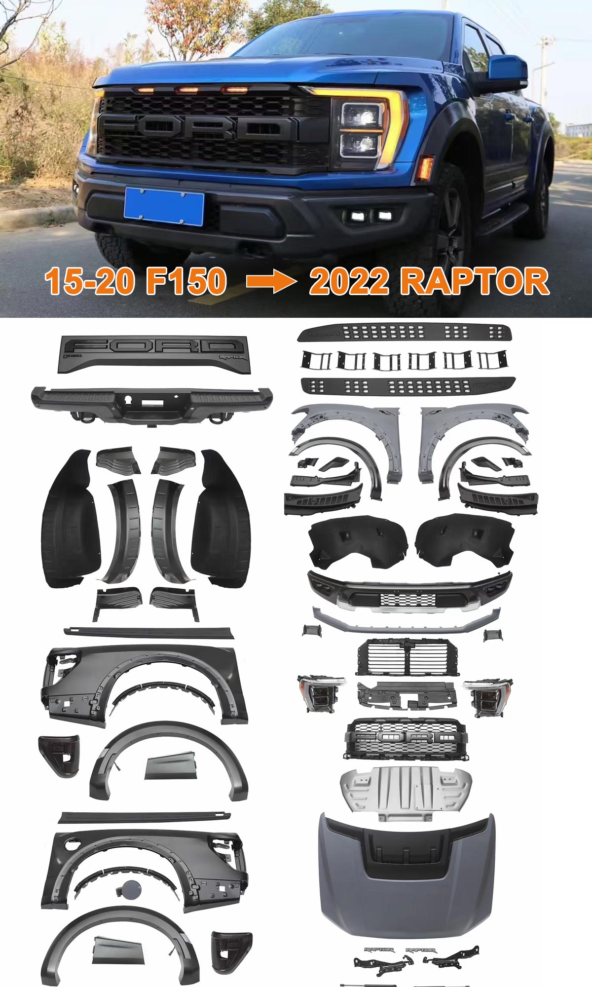 UPGRADE BODY KITS FOR FORD F150 2015-2020 UPGRADE TO RAPTOR 2022,CONVERSION CAR FULL BODY PARTS ACCESSORIES